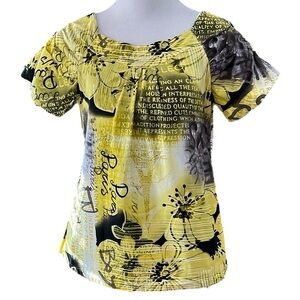 KOI BY KATHY PETERSON HAWAIIAN FLORAL PRINT SQUARE NECK SCRUB TOP YELLOW SIZE XS